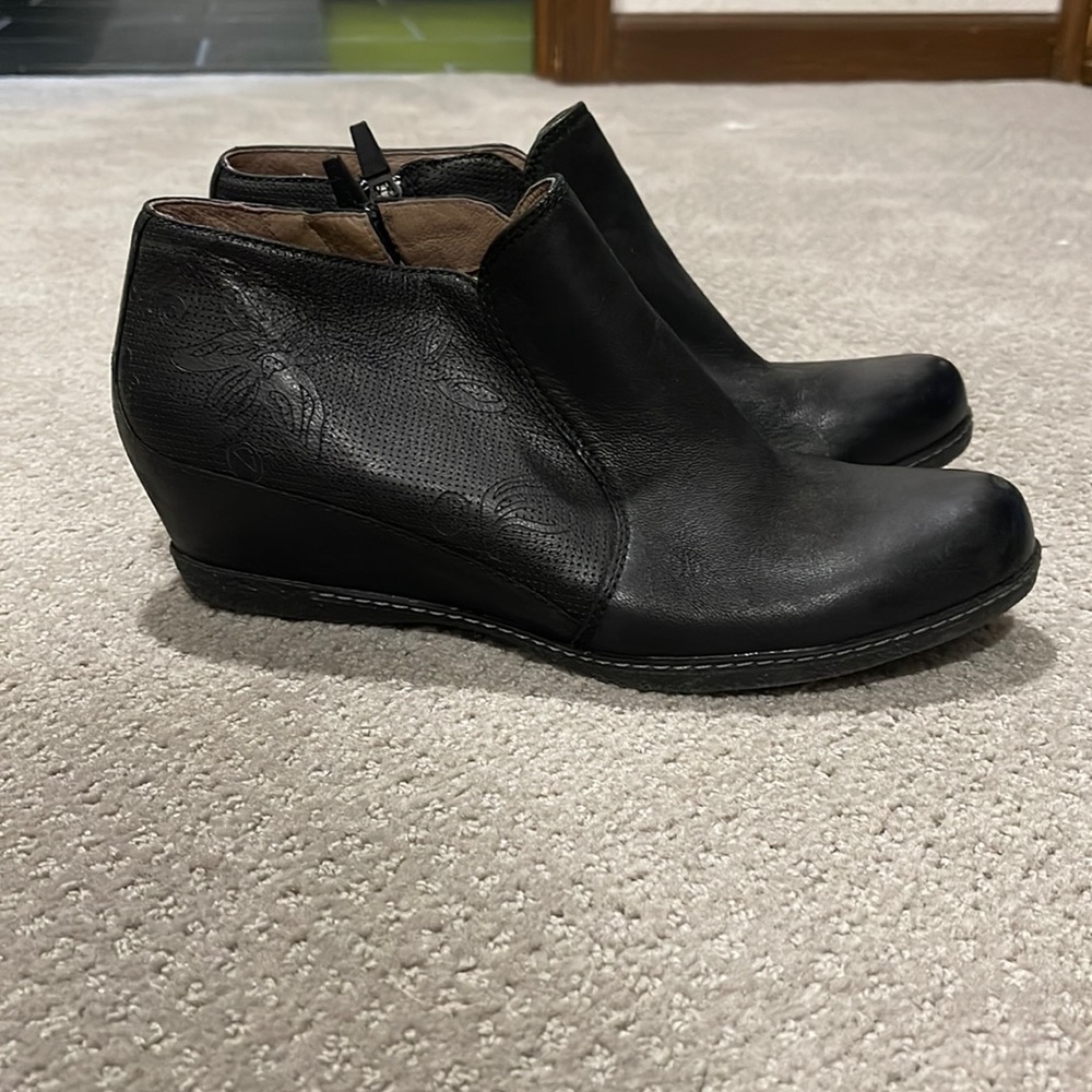 Dansko black wedge booties